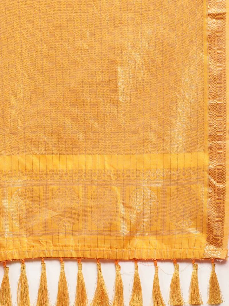Yellow & Gold-Toned Silk Blend Checked Banarasi Saree