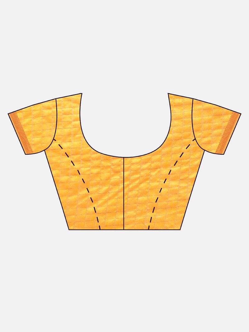 Yellow & Gold-Toned Silk Blend Checked Banarasi Saree