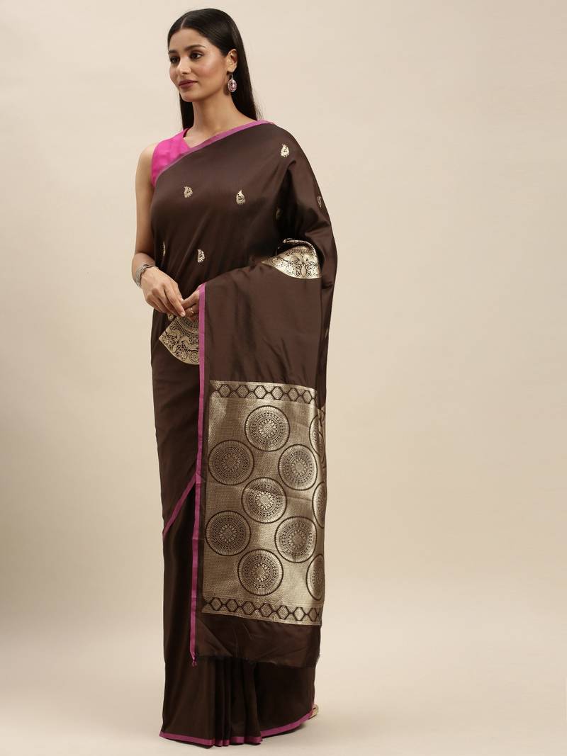 Coffee Brown & Gold-Coloured Silk Blend Woven Design Banarasi Saree