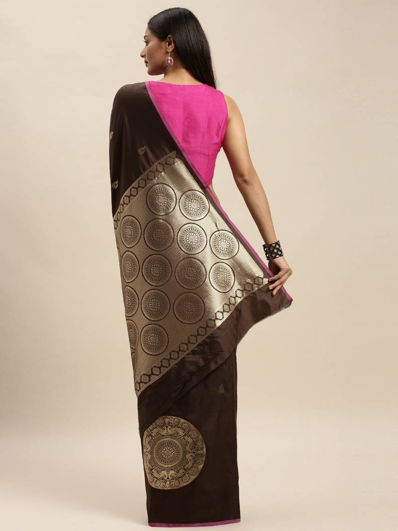 Coffee Brown & Gold-Coloured Silk Blend Woven Design Banarasi Saree