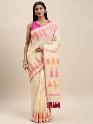 Cream-Coloured & Pink Linen Blend Woven Design Banarasi Saree 1