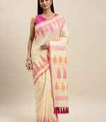 Cream-Coloured & Pink Linen Blend Woven Design Banarasi Saree