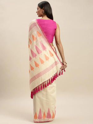 Cream-Coloured & Pink Linen Blend Woven Design Banarasi Saree 2