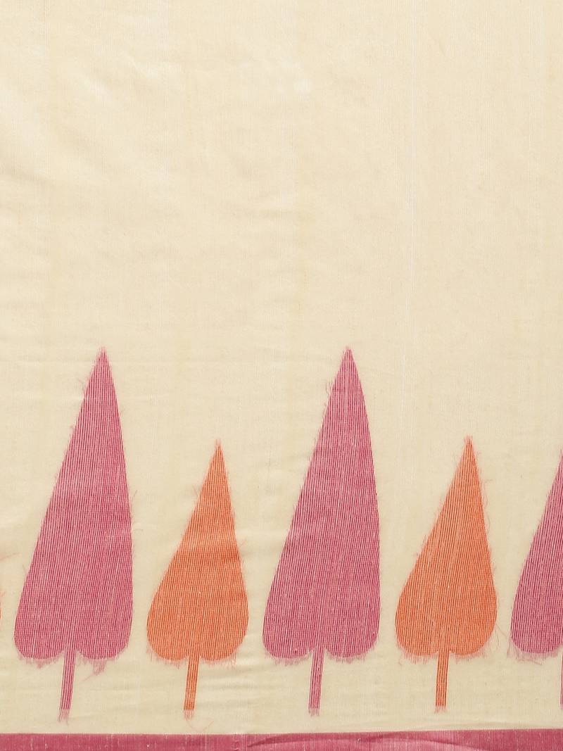 Cream-Coloured & Pink Linen Blend Woven Design Banarasi Saree