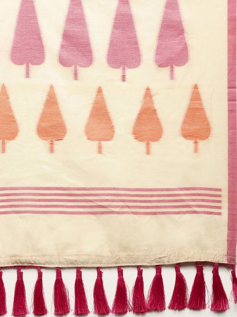 Cream-Coloured & Pink Linen Blend Woven Design Banarasi Saree