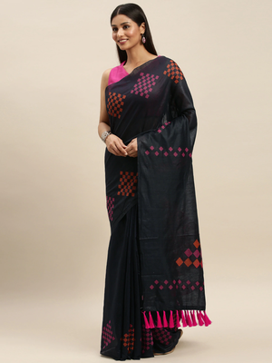 Black & Pink Linen Blend Woven Design Saree 1