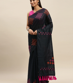 Black & Pink Linen Blend Woven Design Saree