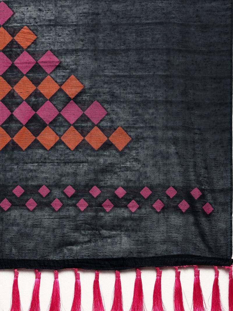 Black & Pink Linen Blend Woven Design Saree