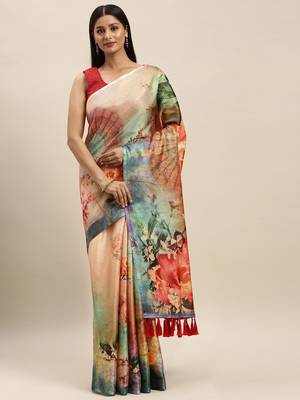 Cream-Coloured & Blue Art Silk Printed Maheshwari Saree 1