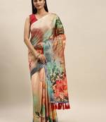 Cream-Coloured & Blue Art Silk Printed Maheshwari Saree