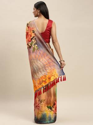 Cream-Coloured & Blue Art Silk Printed Maheshwari Saree 2