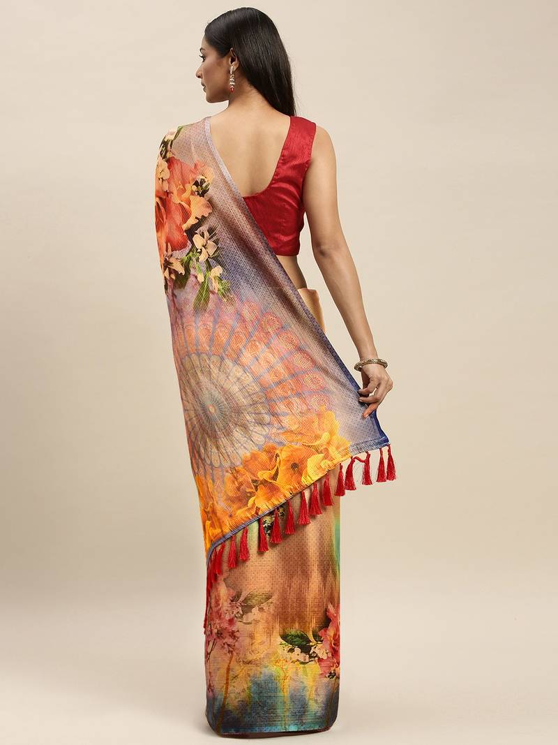 Cream-Coloured & Blue Art Silk Printed Maheshwari Saree