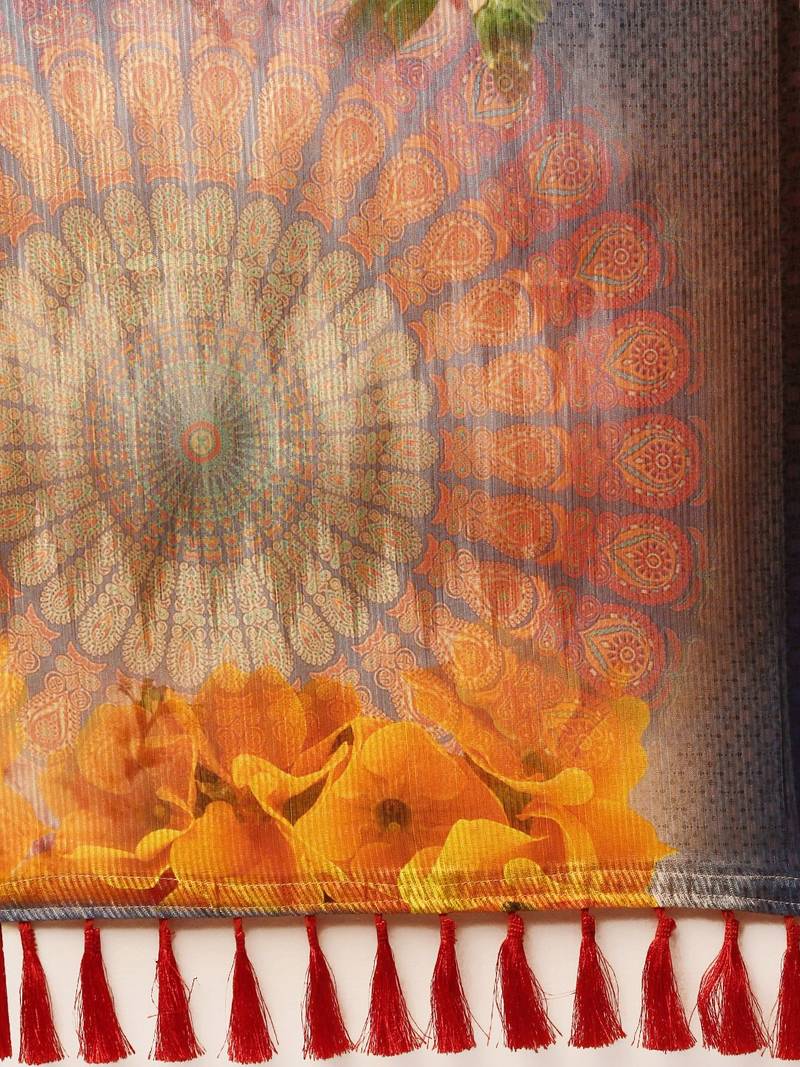 Cream-Coloured & Blue Art Silk Printed Maheshwari Saree