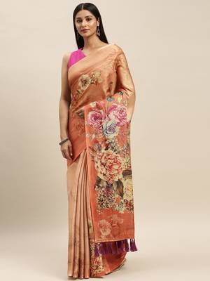Cream-Coloured & Orange Art Silk Printed Maheshwari Saree 1