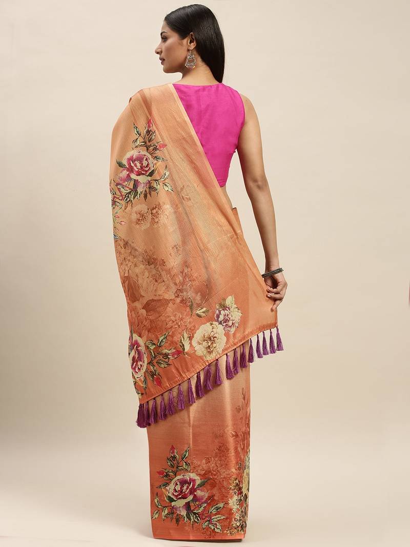 Cream-Coloured & Orange Art Silk Printed Maheshwari Saree