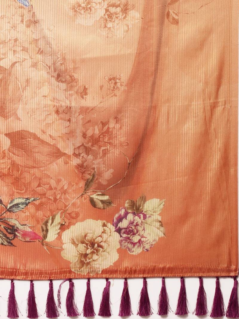 Cream-Coloured & Orange Art Silk Printed Maheshwari Saree