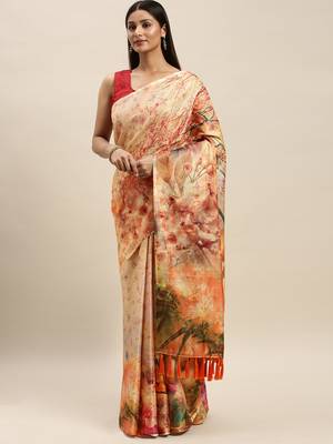 Yellow & Beige Art Silk Printed Maheshwari Saree 1