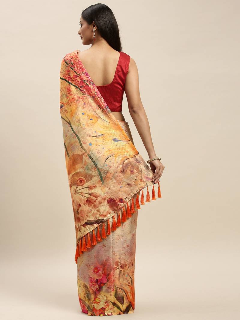 Yellow & Beige Art Silk Printed Maheshwari Saree
