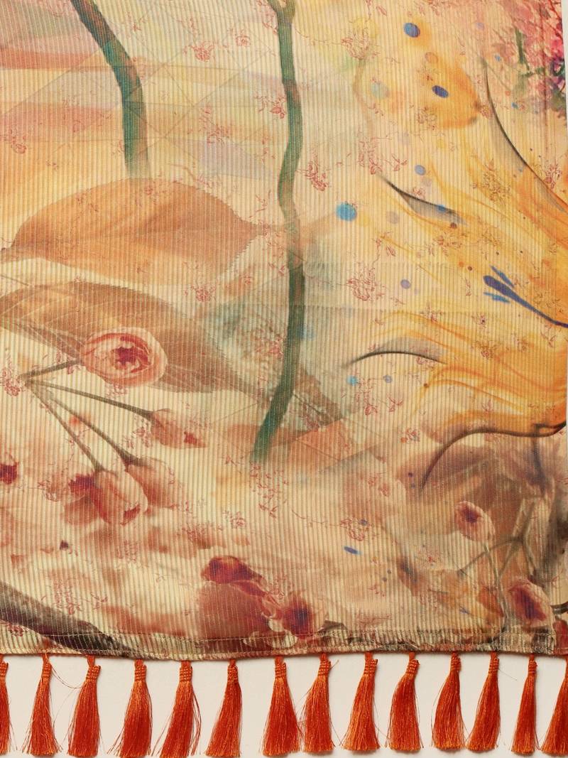 Yellow & Beige Art Silk Printed Maheshwari Saree