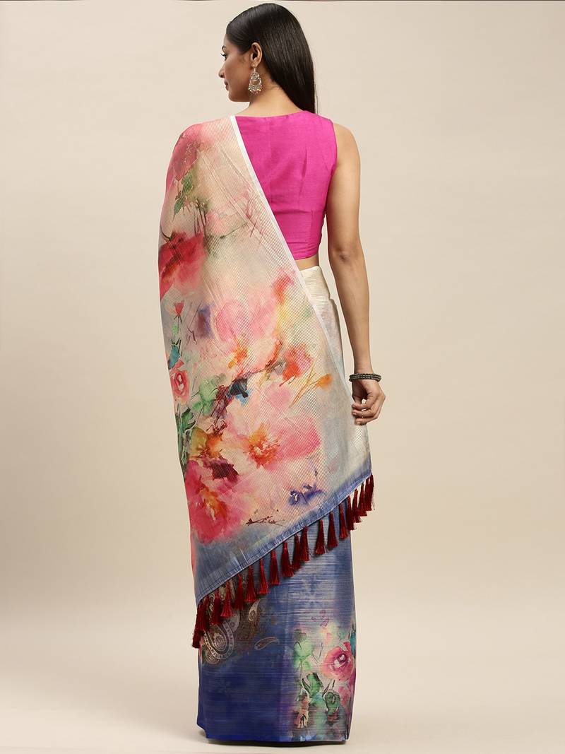 Blue Art Silk Printed Maheshwari Saree