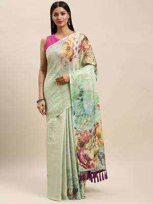 Turquoise Blue Art Silk Printed Maheshwari Saree 1