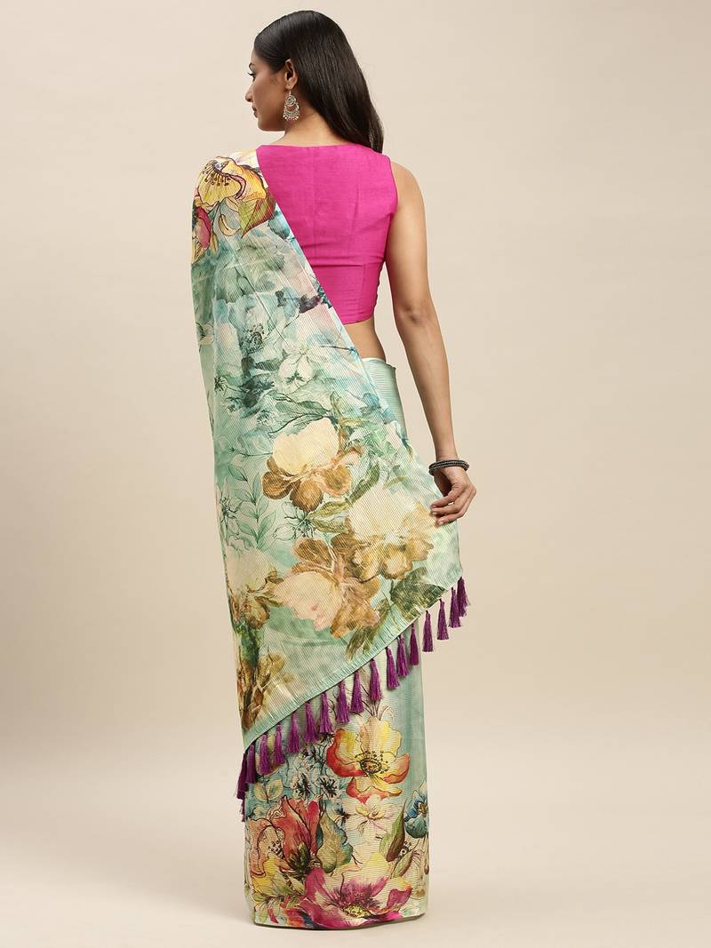 Turquoise Blue Art Silk Printed Maheshwari Saree