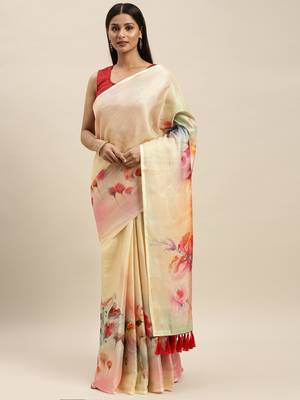 Cream-Coloured Art Silk Printed Maheshwari Saree 1