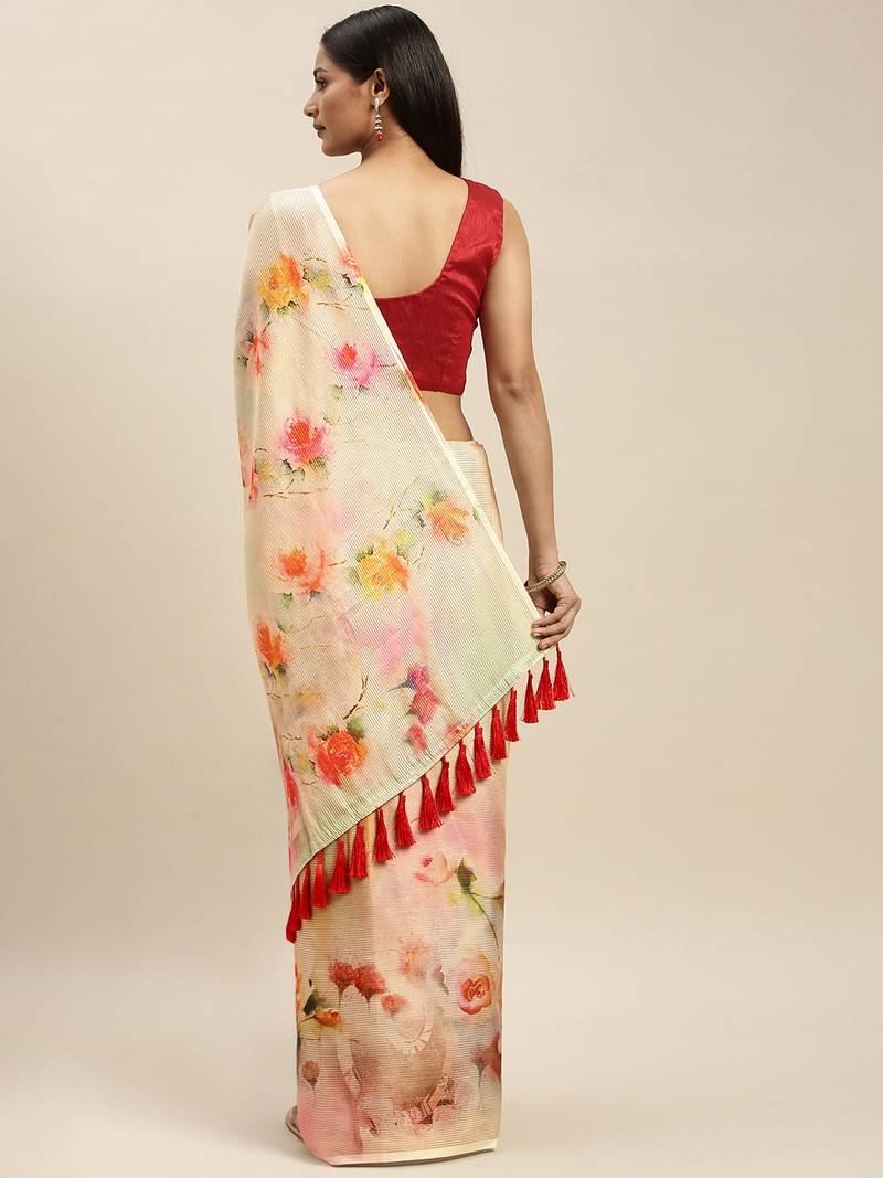 Cream-Coloured Art Silk Printed Maheshwari Saree