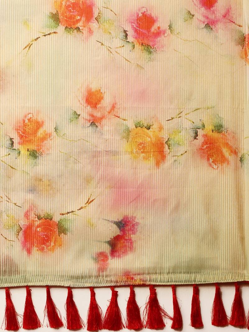 Cream-Coloured Art Silk Printed Maheshwari Saree