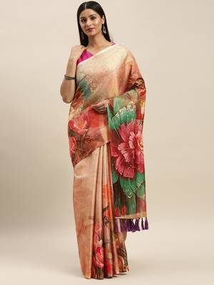 Camel Brown Art Silk Printed Maheshwari Saree 1