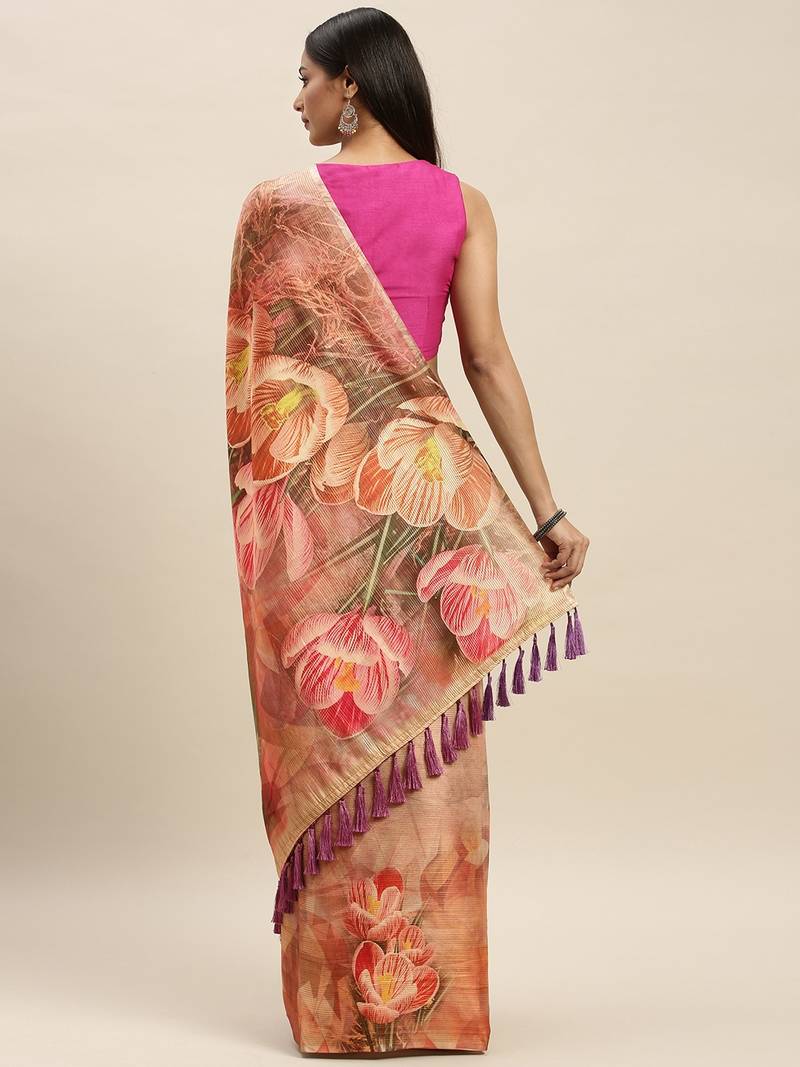 Camel Brown Art Silk Printed Maheshwari Saree