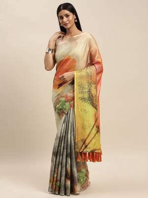Orange & Beige Art Silk Printed Maheshwari Saree 1