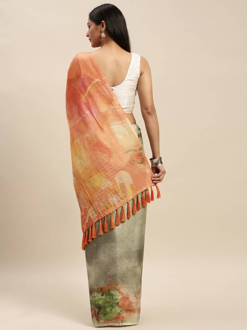 Orange & Beige Art Silk Printed Maheshwari Saree