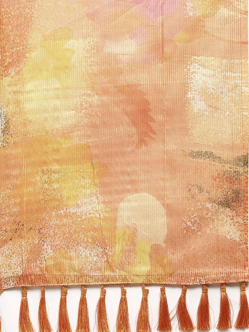Orange & Beige Art Silk Printed Maheshwari Saree