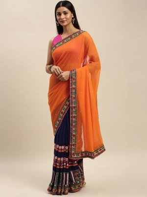 Navy Blue & Orange Pure Georgette Kutchi Embroidered Bandhani Saree 1