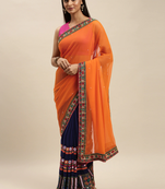 Navy Blue & Orange Pure Georgette Kutchi Embroidered Bandhani Saree