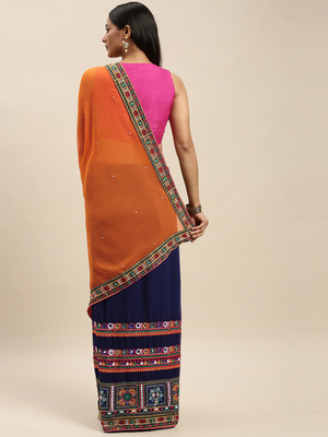 Navy Blue & Orange Pure Georgette Kutchi Embroidered Bandhani Saree 2