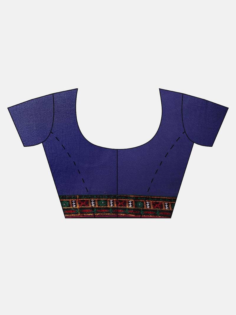 Navy Blue & Orange Pure Georgette Kutchi Embroidered Bandhani Saree