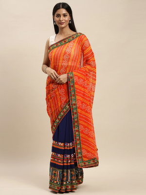 Navy Blue & Orange Pure Georgette Embroidered Bandhani Saree 1