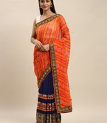 Navy Blue & Orange Pure Georgette Embroidered Bandhani Saree