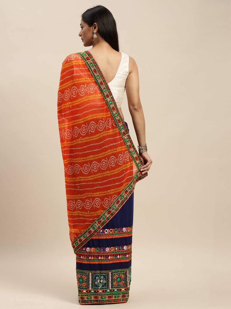 Navy Blue & Orange Pure Georgette Embroidered Bandhani Saree