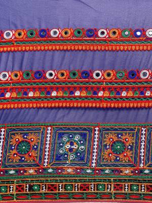 Navy Blue & Orange Pure Georgette Embroidered Bandhani Saree 3