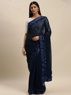 Navy Blue Embellished Poly Georgette Saree 1