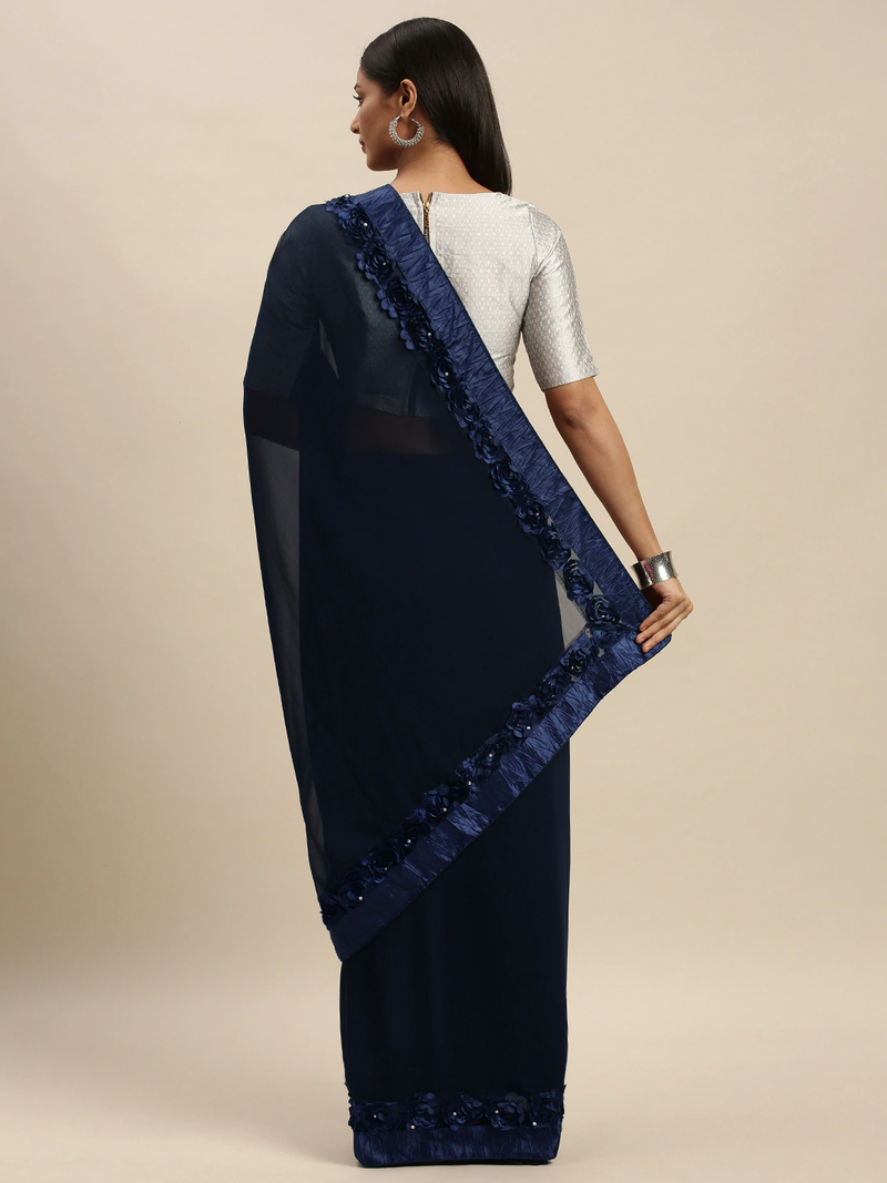 Navy Blue Embellished Poly Georgette Saree