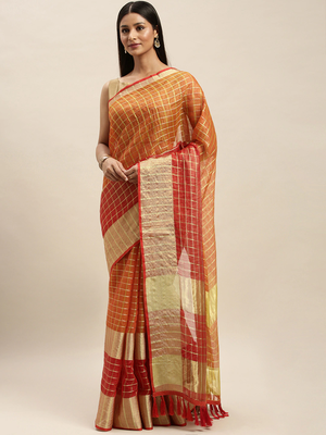 Orange & Red Supernet Checked Kota Saree 1