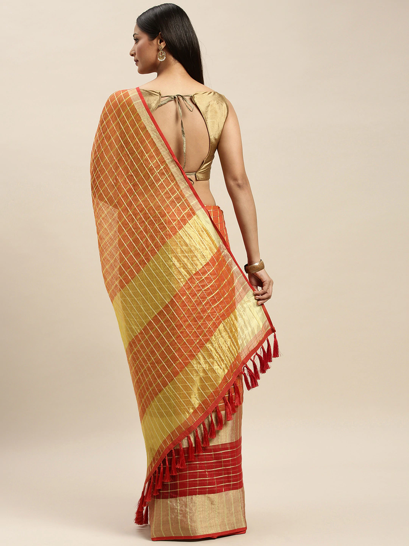 Orange & Red Supernet Checked Kota Saree