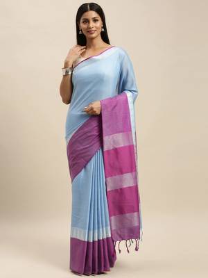 Blue & Pink Linen Blend Solid Banarasi Saree 1