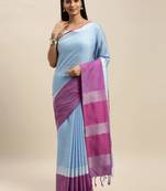 Blue & Pink Linen Blend Solid Banarasi Saree