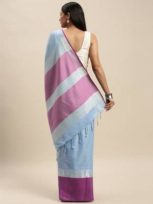 Blue & Pink Linen Blend Solid Banarasi Saree 2