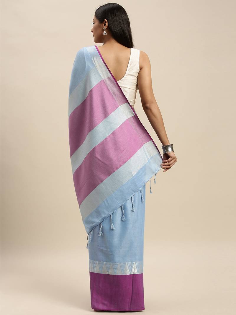 Blue & Pink Linen Blend Solid Banarasi Saree